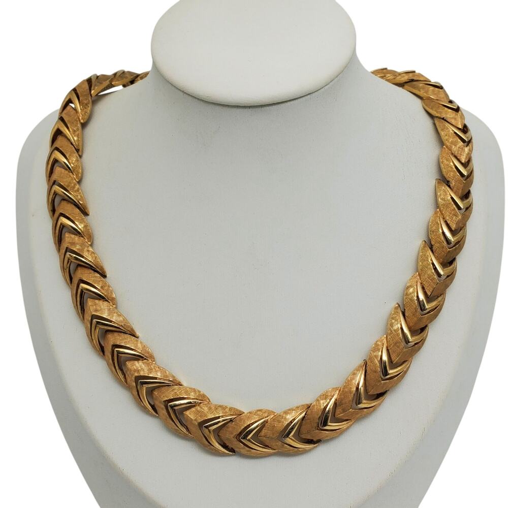 Marcel Boucher Gold Choker Necklace Chevron Arrow Link Chain MCM 1960s Brushed